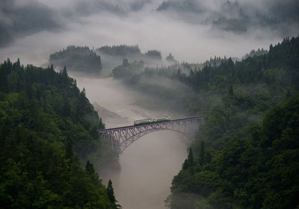 عبور قطار از مناظر جنگلی در استان فوکوشیمای ژاپن