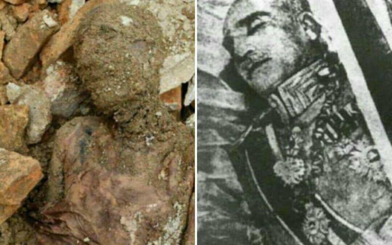 عکس سمت راست: جسد رضاشاه در هنگام درگذشت در سال ۱۳۲۴و پس از مومیایی شدن؛ عکس چپ: جسد مومیایی‌ کشف شده در شهرری که به احتمال فراوان همان جسد مومیایی شده رضاشاه است
