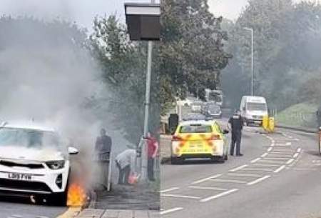 خودروی کیا در حال حرکت در جاده آتش گرفت