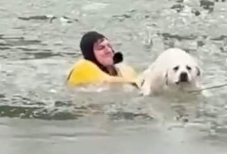 شنای آتش‌نشان در دریاچه برای نجات یک سگ