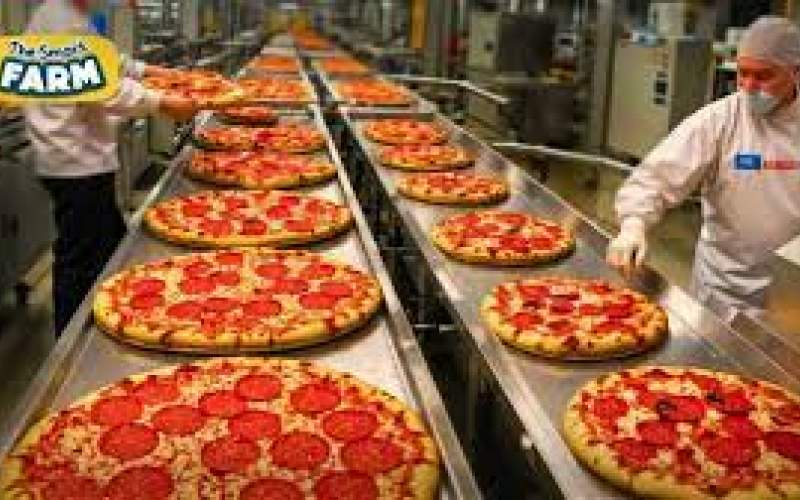 فرآیند تولید پیتزا در یک کارخانه مدرن آمریکایی